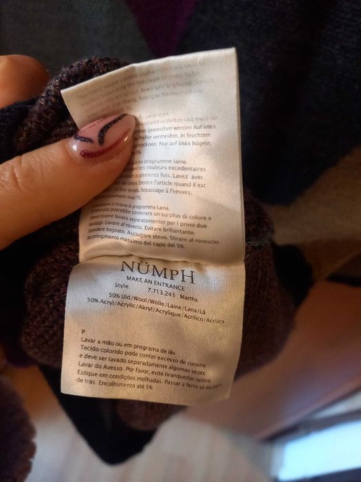 Sweter Nümph S 36 geometryczny wełna fiolet błękit brąz