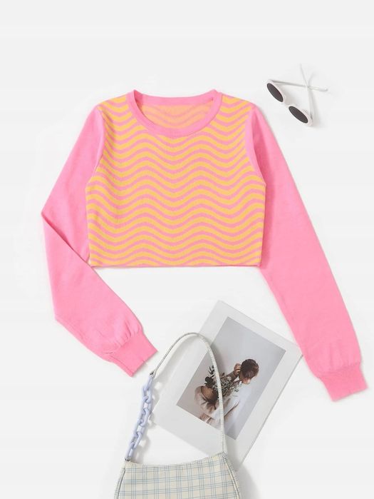 Sweter Damski Casual Cropped Dwukolorowy S 36