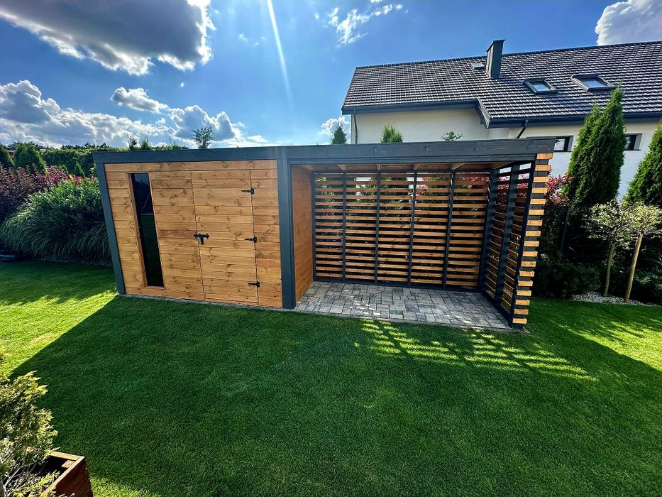 Nowoczesny Drewniany Domek Narzędziowy z wiatą VESTA 2x6m