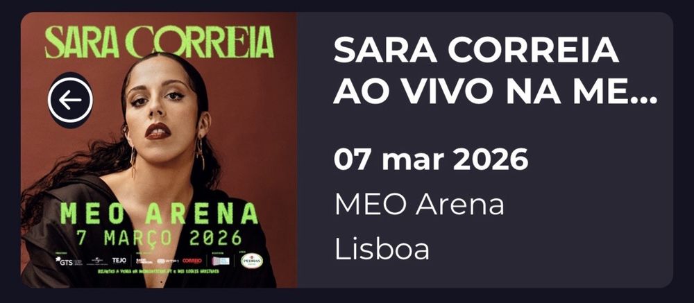 Venda de bilhetes Sara Correia MEO ARENA