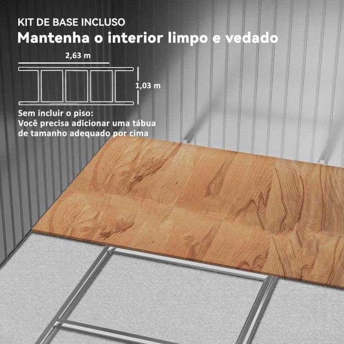 Abrigo de Jardim Metálico 4,9 m2 – 277x195x192 cm | Base Incluída