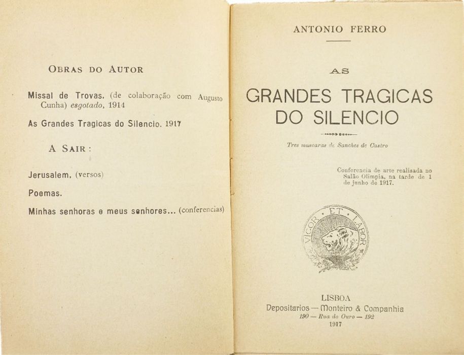 António Ferro - dedicatória - As Grandes Trágicas do Silêncio 1917
