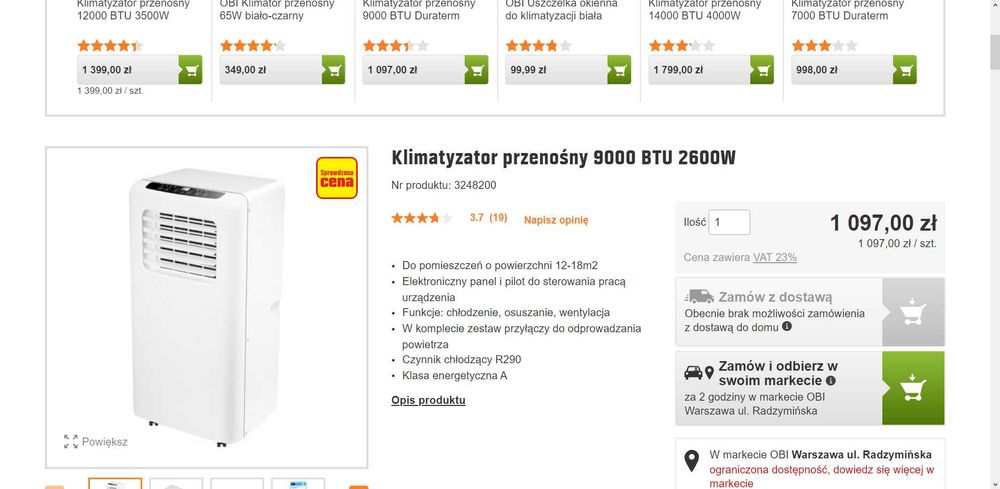 Klimatyzator przenośny 9000 BTU 2600W