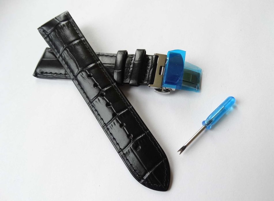 Czarny pasek skórzany kroko do zegarka 20mm 22mm zapięcie motylkowe