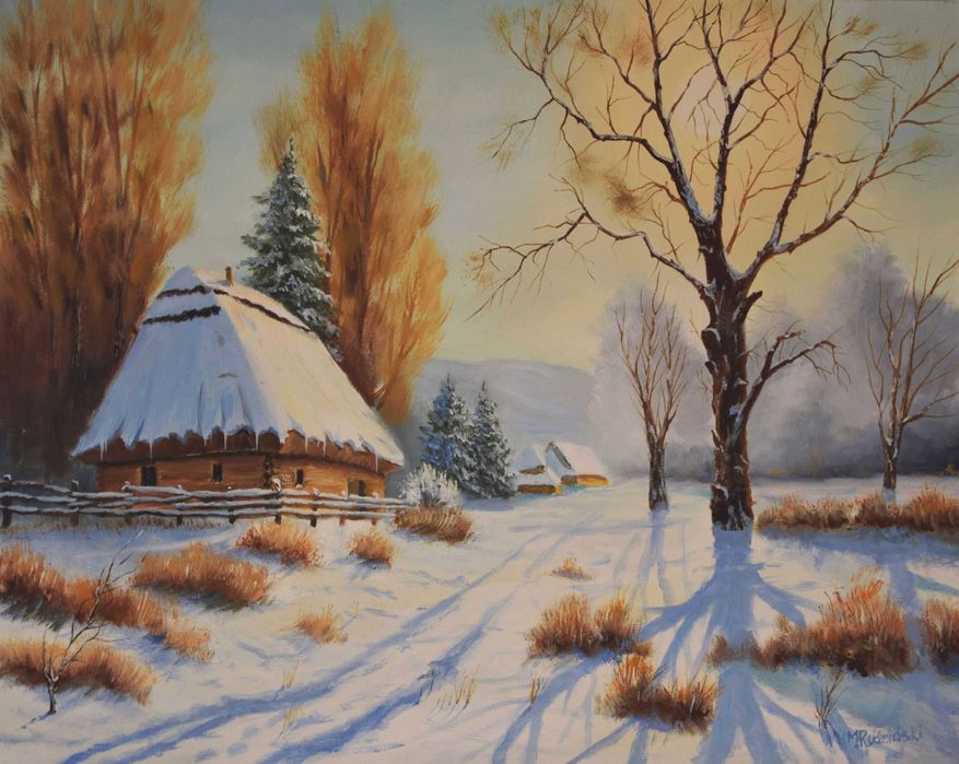 M. Rudziński "Zimowa wieś"" 50x40cm. Olej na płótnie. Certyfikat.