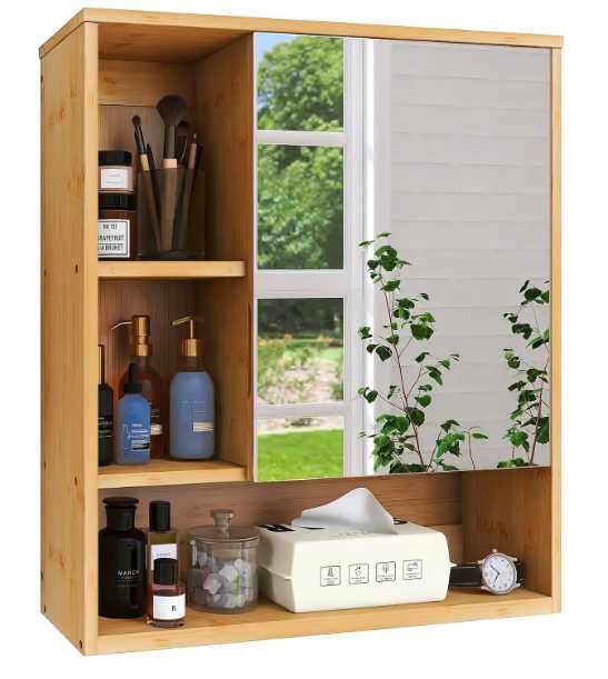 Bambusowa szafka łazienkowa z lustrem SMIBUY wisząca