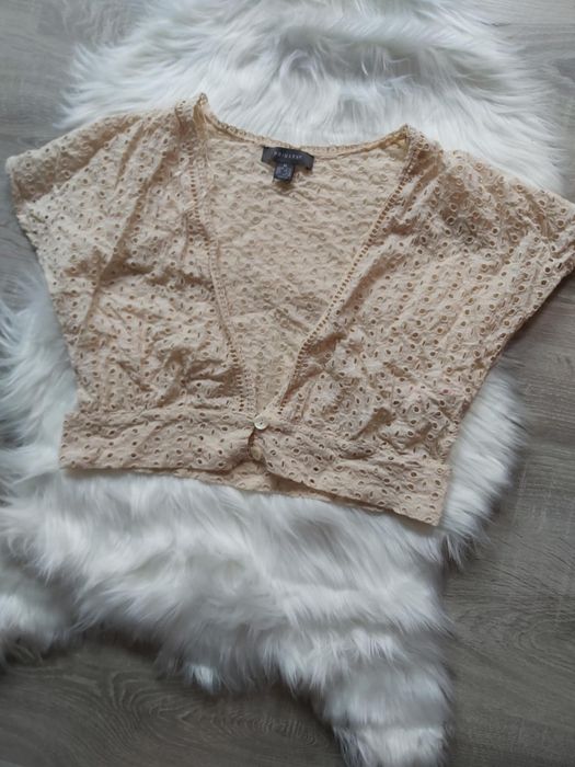 Jasnobeżowa Haftowana Krótka Bluzka croptop r.40 L ażurowa 100%bawełna