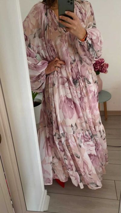 H&M długa maxi luźna oversize sukienka w kwiaty róż Boho XL/XXL