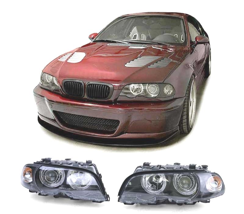 FARÓIS BMW E46 COUPE CABRIO 99-03 ANGEL EYES FUNDO PRETO