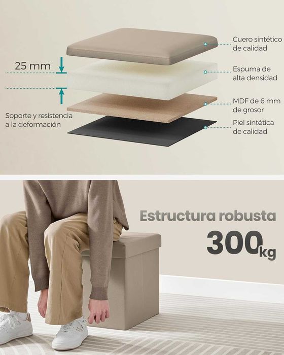 Pufa składana ze schowkiem 38x38 cm skóra ekologiczna kolor camel