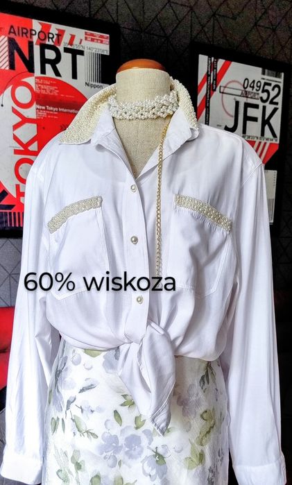 Biała koszula wyszywana perełkami,styl vintage lata 80/90