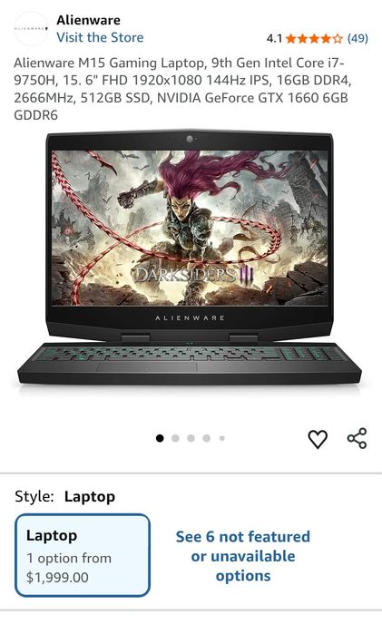 НоутбукAlienware  Ігровий 240 hz m15r2 - 9750h, 1660ti, rtx 2060