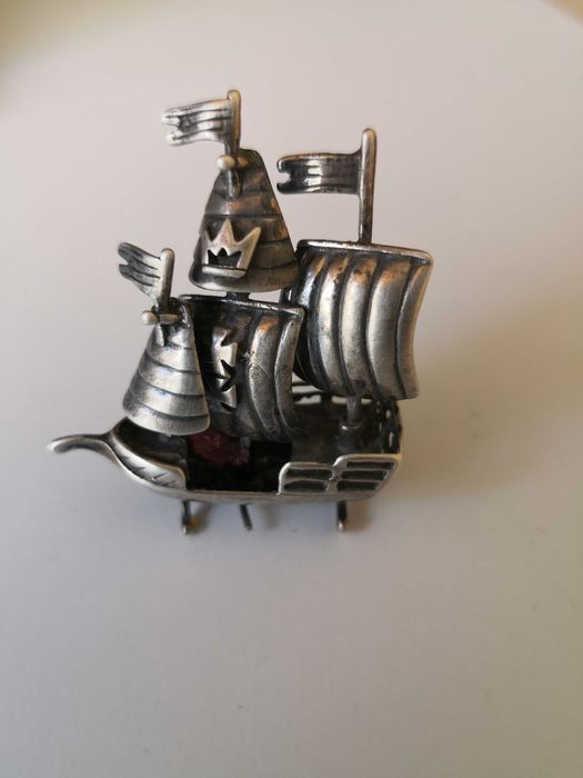 miniaturka żaglowca- srebro - vintage