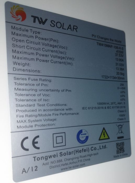 Panele solarne fotowoltaiczne  TW Solar 415W