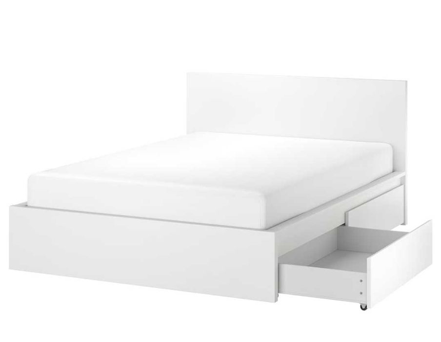 Cama de casal com arrumação IKEA malm, em bom estado com estrado sem colchão, cor branca, Pickup na zona de vila do bispo, Algarve.