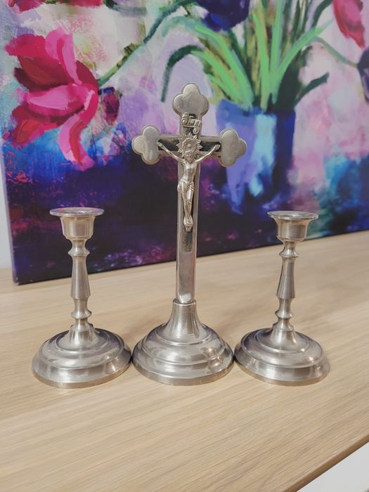 Zestaw kolędowy lichtarz krzyż świecznik metalowy metalowe