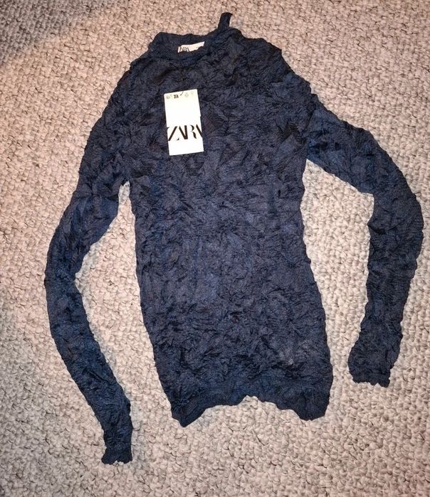 Nowa bluzka S Zara granatowa gnieciony materiał