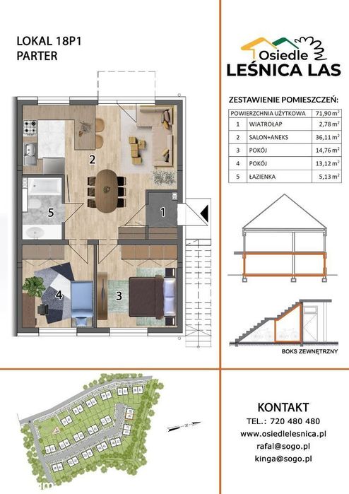 POD LASEM - 72m²+OGRÓD 50m²+2 m.parkingowe+rolety+komórka -kameralne