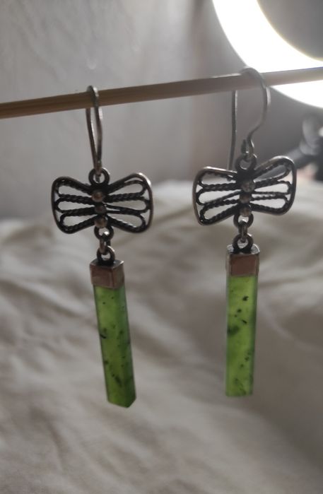 Серьги мельхиоровые камень нефрит