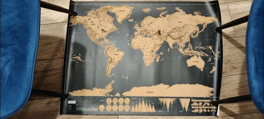 Złota Mapa zdrapka na której można zaznaczać zwieszone kraje plus tuba