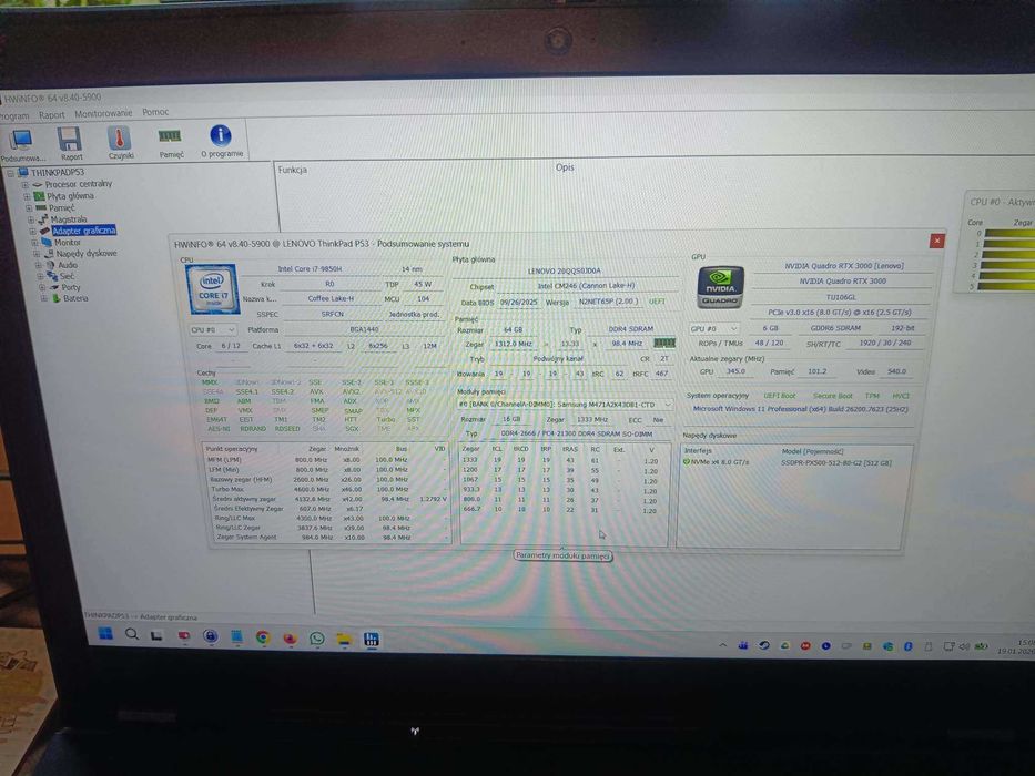 MOCNY Lenovo Thinkpad 15 P53 do grafiki i7 64GB RAM Quadro RTX 3000