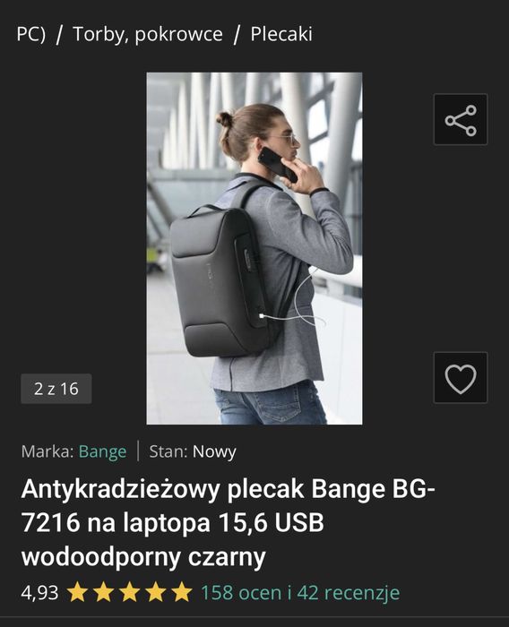Plecak antykradzieżowy - posiadam dowód zakupu