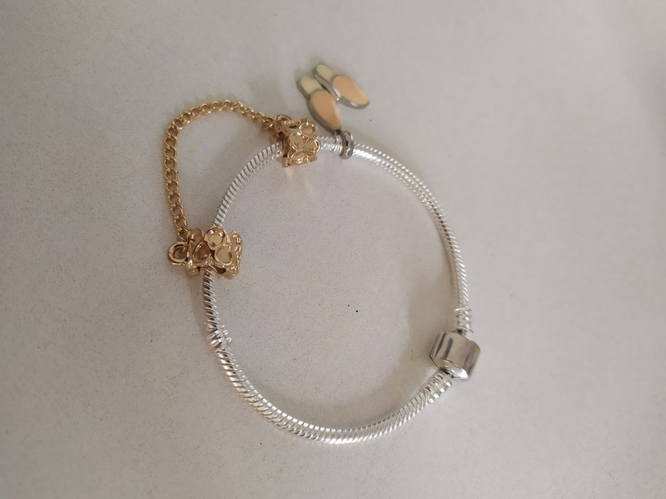 Bransoletka + 2 charmsy do Pandora Moments komplet żółw motyl łańcuch