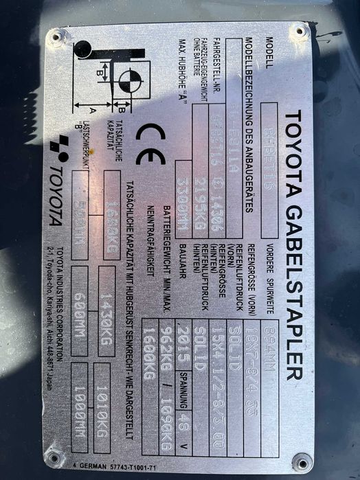 Wózek widłowy elektryczny TOYOTA TRAIGO 16 48V - 8FBET16 - 2015 rok