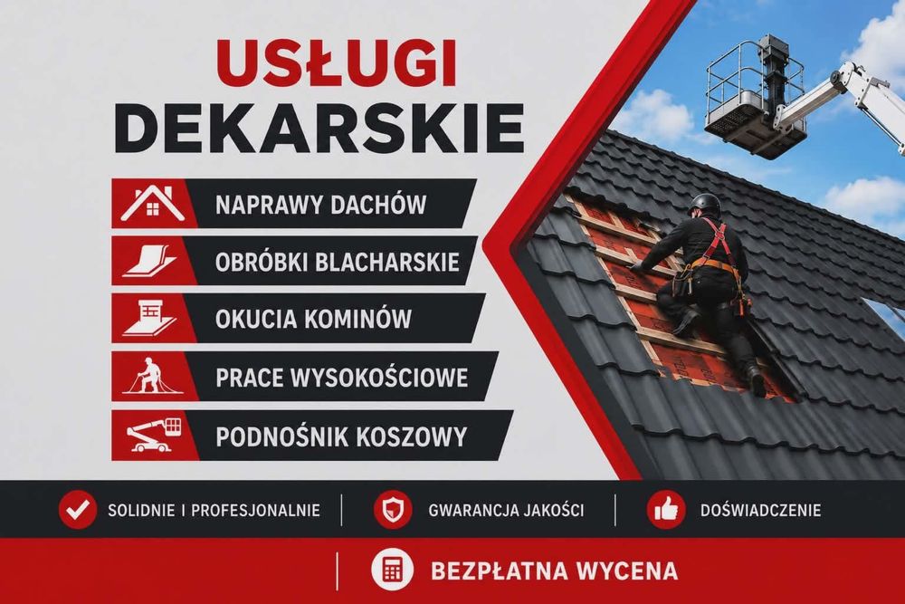 Dekarz | DACHY | Usługi Dekarskie | Obróbki Blacharskie | Opierzenia Okucia Kominów | Malowanie Dachów | Czyszczenie Rynien |  Prace Wysokościowe