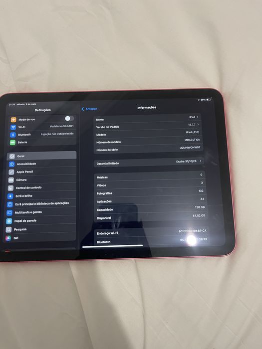 Ipad APPLE ( “11  A16 -128GB- WI-FI - COR DE ROSA )