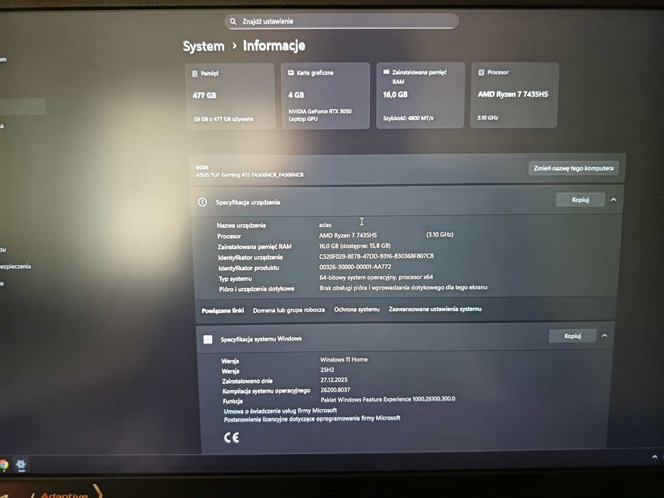 ASUS TUF Gaming A15 R7-7435HS/16GB/512 RTX3050 144Hz