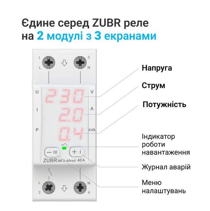 Реле Напруги Багатофункціональне Zubr D2-63 MF2-40 RED Зубр Захист ТОП