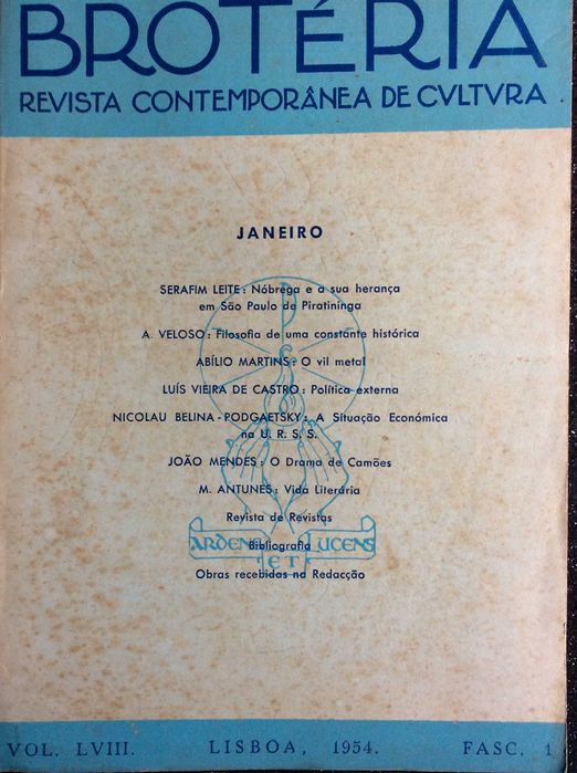 Brotéria. Revista contemporânea. de cultura, 1954 Ver sumário.