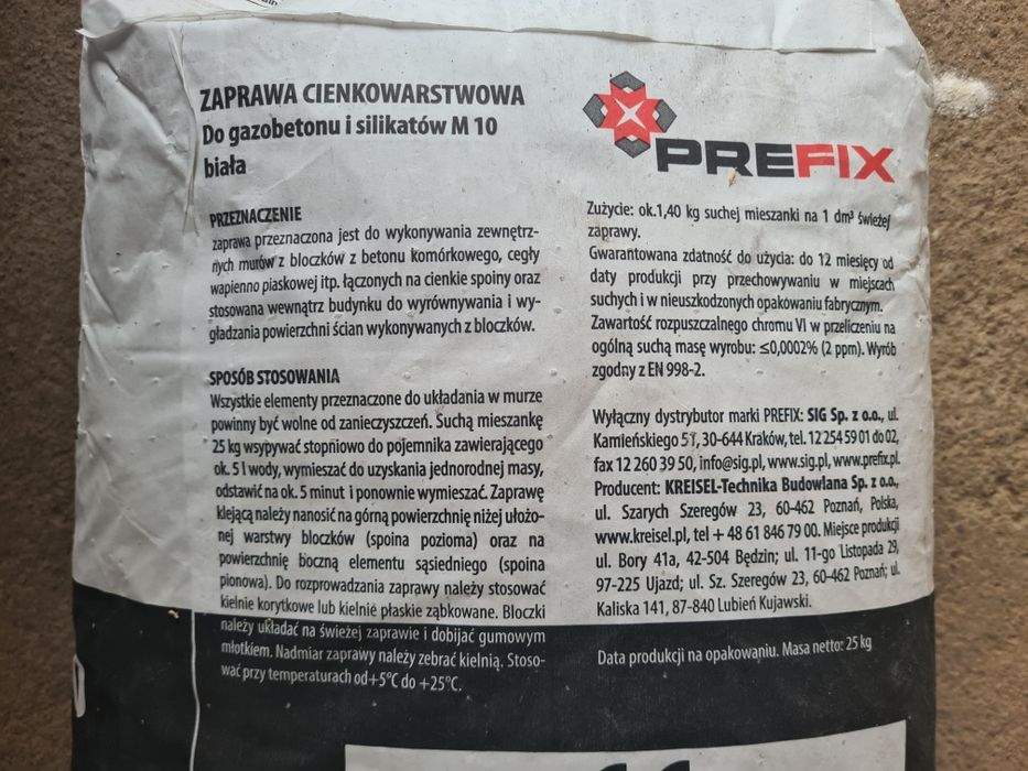 Zaprawa ciekowarstwowa do gazobetonu i silikatów PREFIX biała.