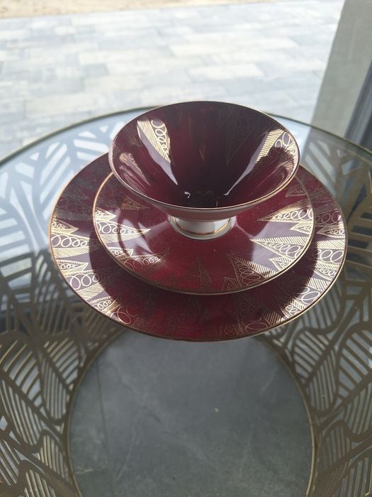 Trio śniadaniowe zestaw śniadaniowy porcelana bordowy