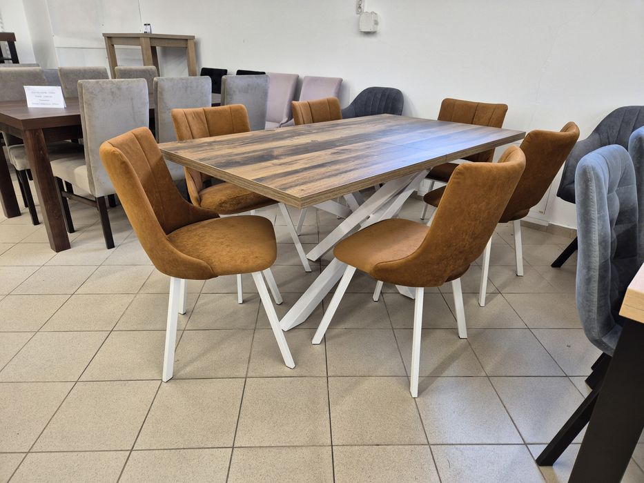 Od ręki! Stół Pająk Dąb Hunton 160/240/90 + 6 tapicerowanych krzeseł
