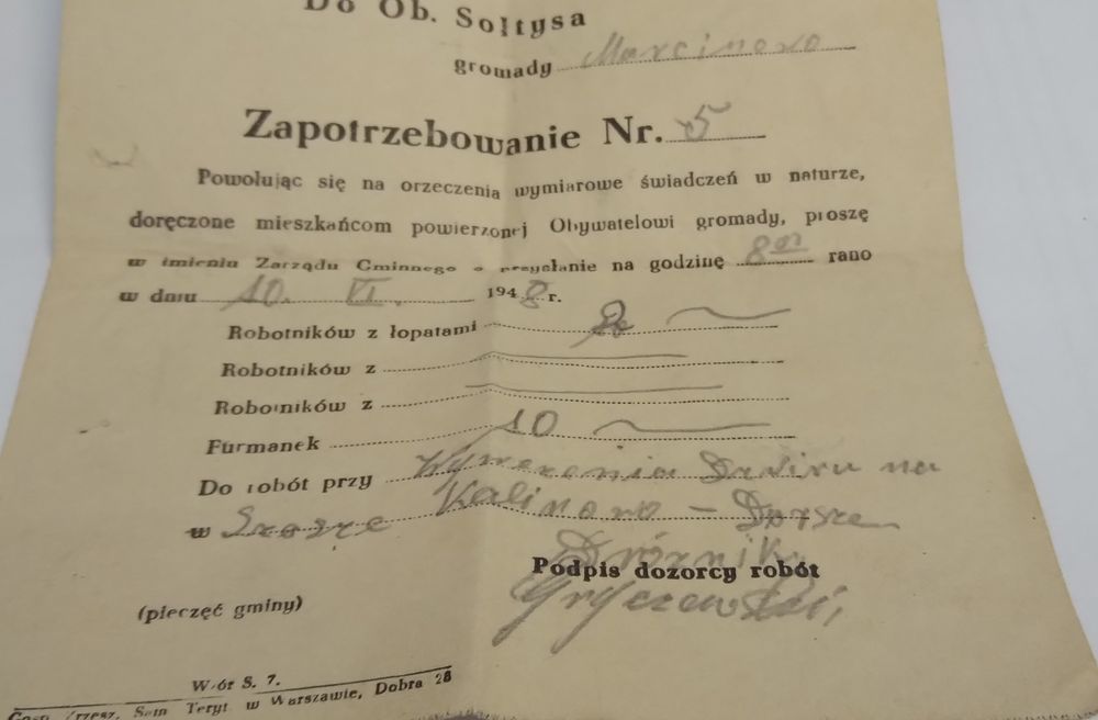 Dokument historyczny 1948 - Gmina Kalinowo, Mazury. UNIKAT!