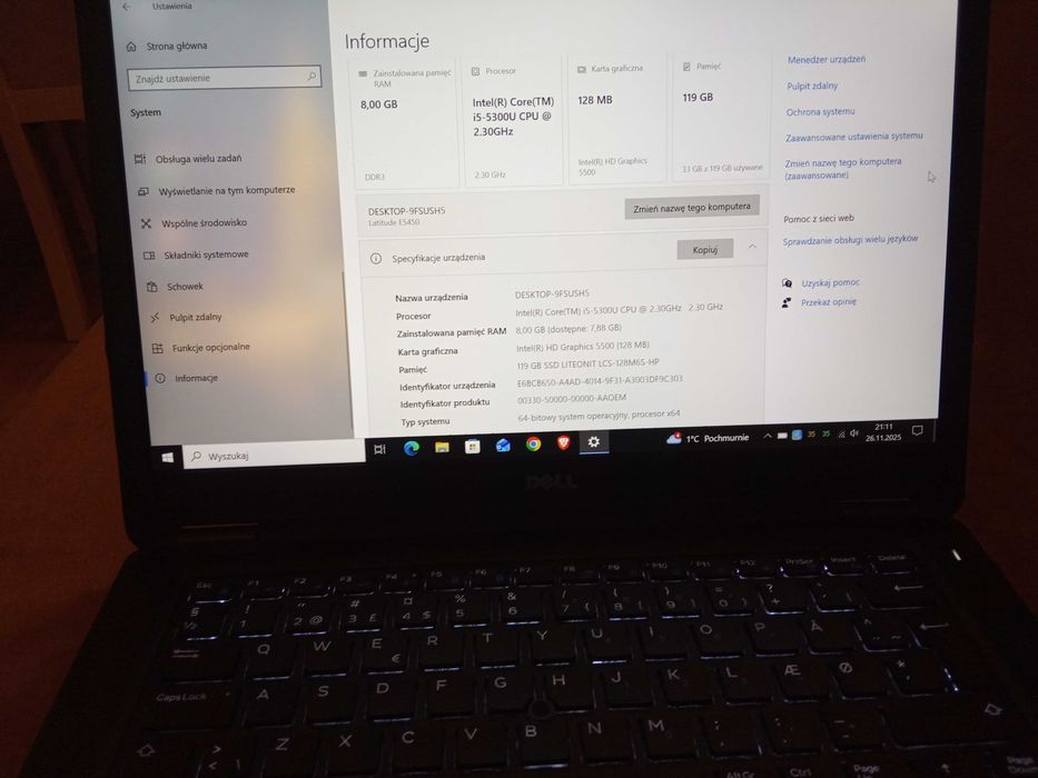 Laptop ultrabook Dell i5 SSD 8GB bateria 3h zasilacz Dell Win