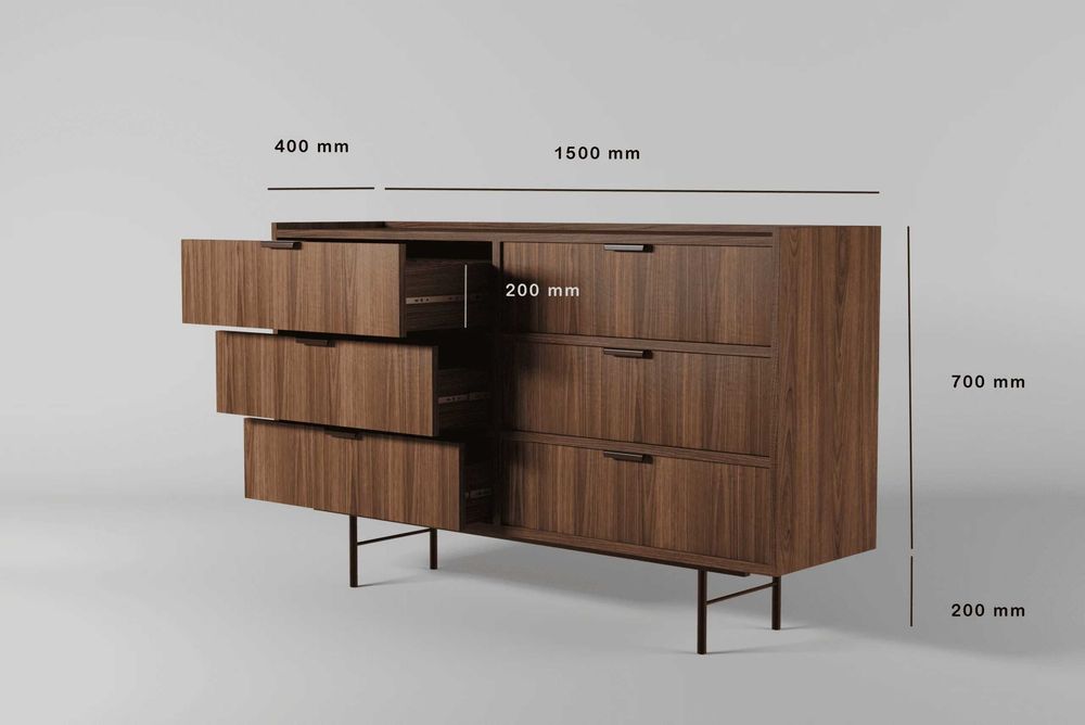 Komoda 6S Warmia Walnut – 150 cm, 6 szuflad, metalowe nogi WYSYŁKA 24h