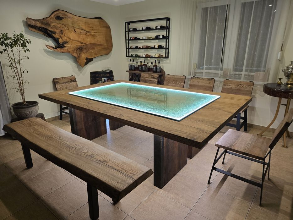 Stół drewniany dębowy jesionu szklany podświetlany Led krawędź