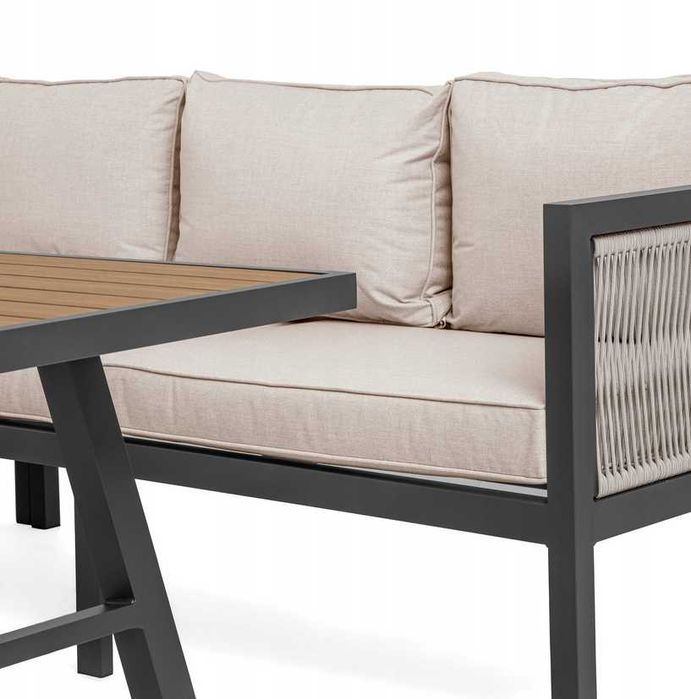 Meble ogrodowe tarasowe aluminiowe beżowe narożnik stół ławka obiadowy