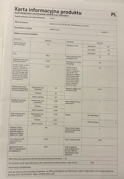 Amica pralka na gwarancji do maja 2027