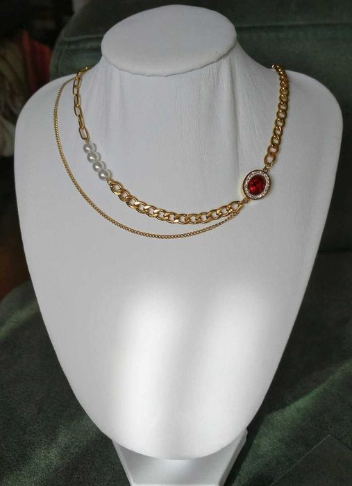 Colar Aço Malha Grossa c/ Perolas e Pedra Vermelha NOVO - SALDO