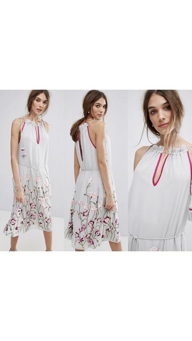 Haft midi koronka tiul kwiaty cekiny Asos fredzle maxi długa
