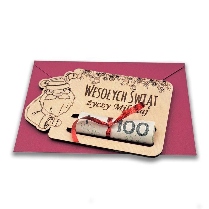 Kartka Świąteczna na Mikołaja z Drewna – Elegancki Prezent na Gotówkę!