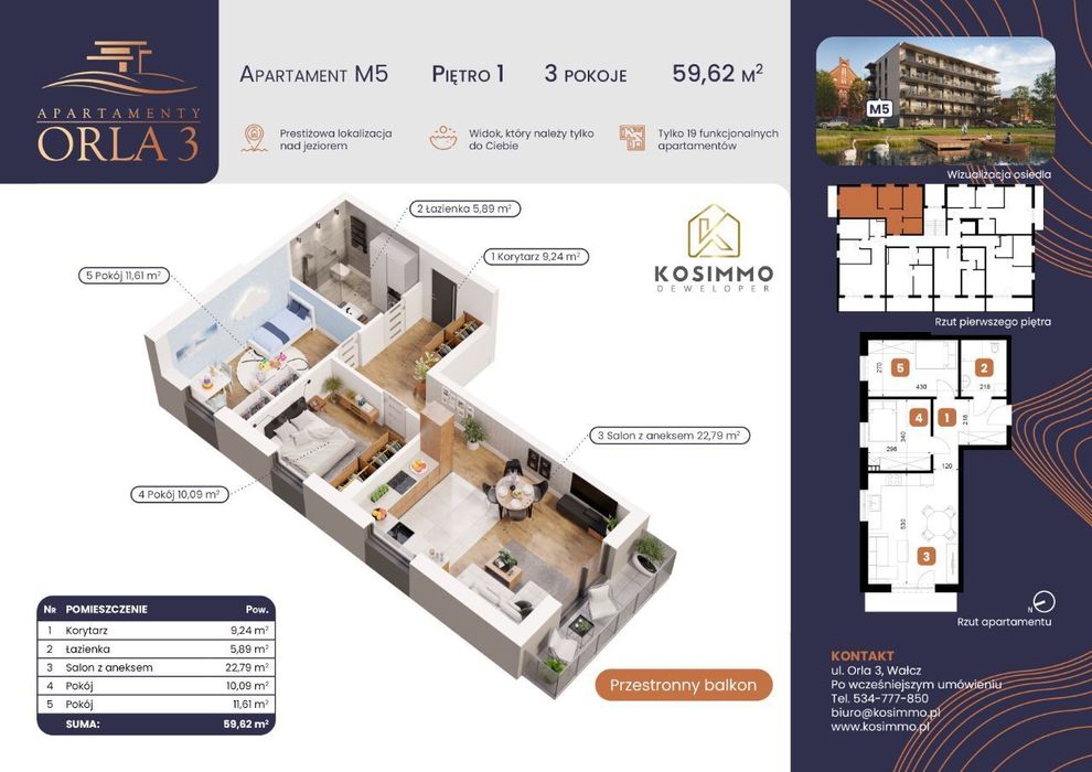 M05 APARTAMENTY Orla 3, Centrum,60 m2, 3 pok,1 piętro, widok na jezior