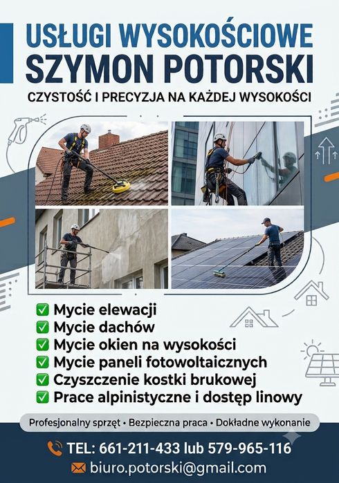 Mycie okien, Mycie dachu, Mycie elewacji, Usługi wysokościowe