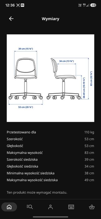 Ikea  Dziecięce krzeslo biurowe białe/różowe  Örfjall
