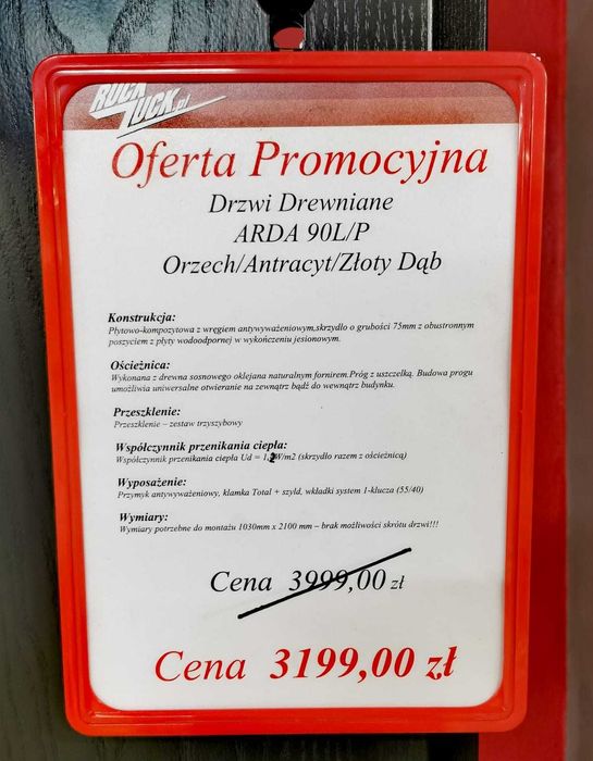 Drzwi zewnętrzne drewniane Arda rozmiar 90 lewe i prawe. Promocja !!!