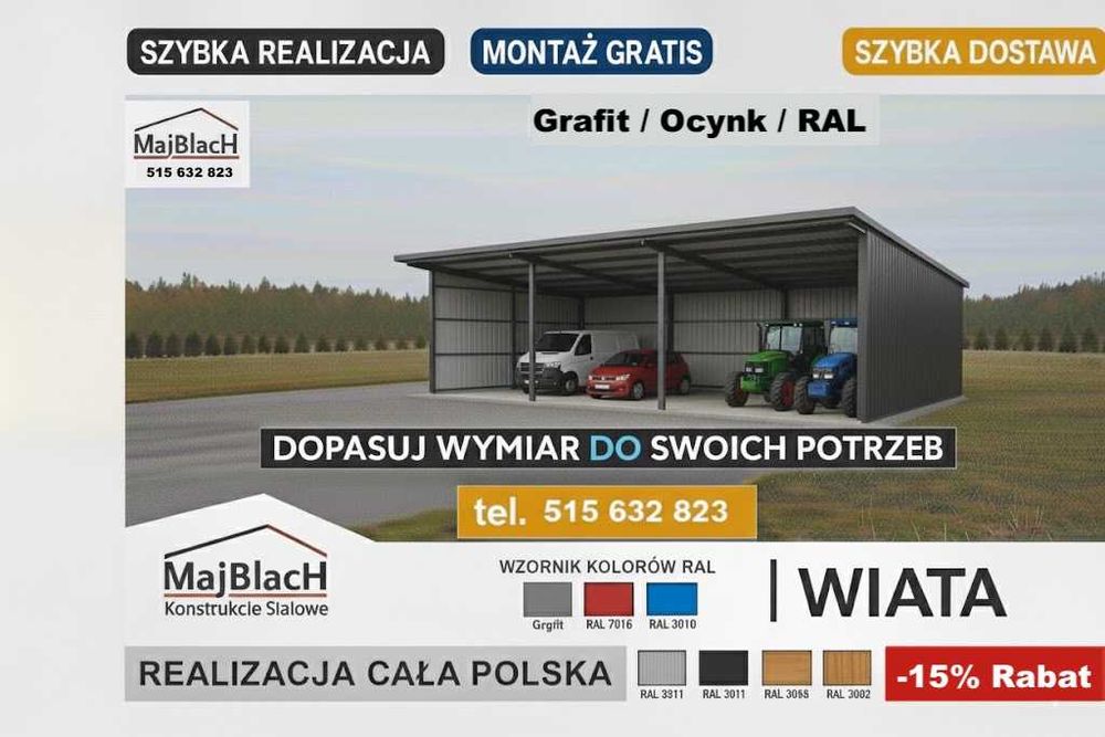 Garaż Blaszany OCYNKOWANY /Wiata /Hala/Konstrukcja Stalowa – Maj-Blach